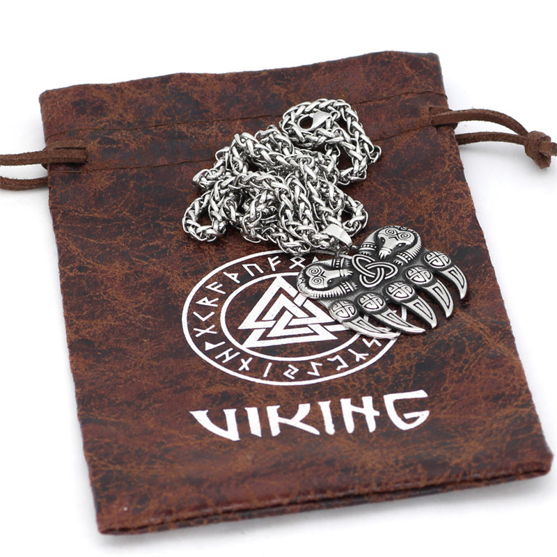 Viking Bear Paw Vintage Stainless Steel Odin Logo  Men's Necklace