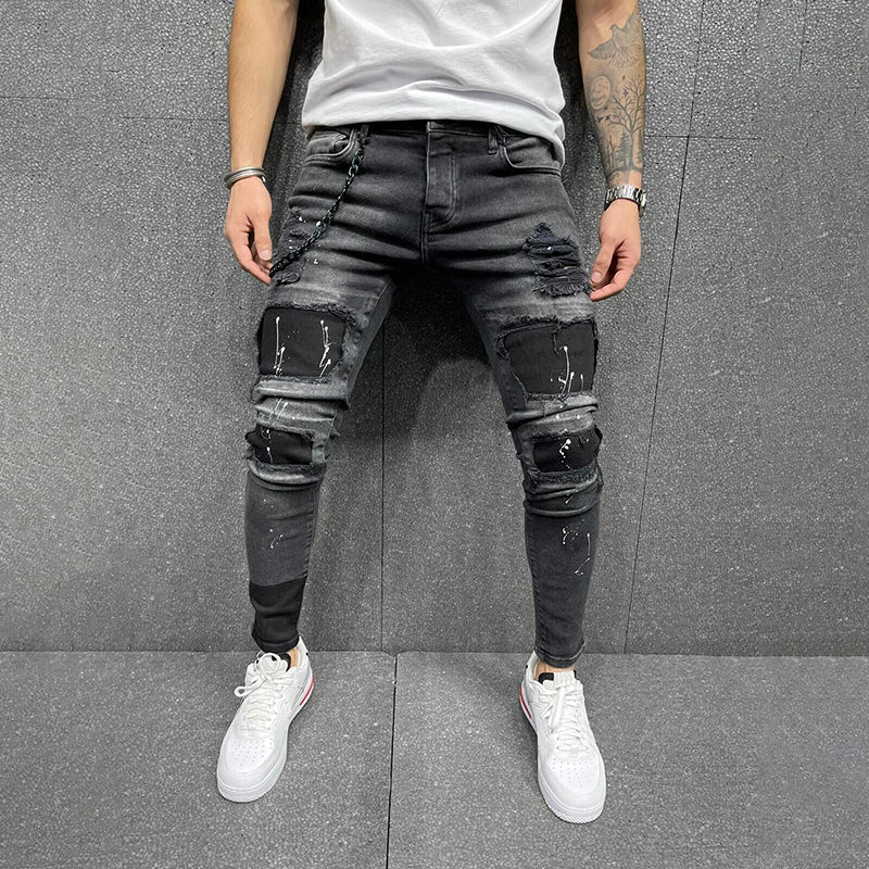 Ripped print sell-through patch stretch men's jeans